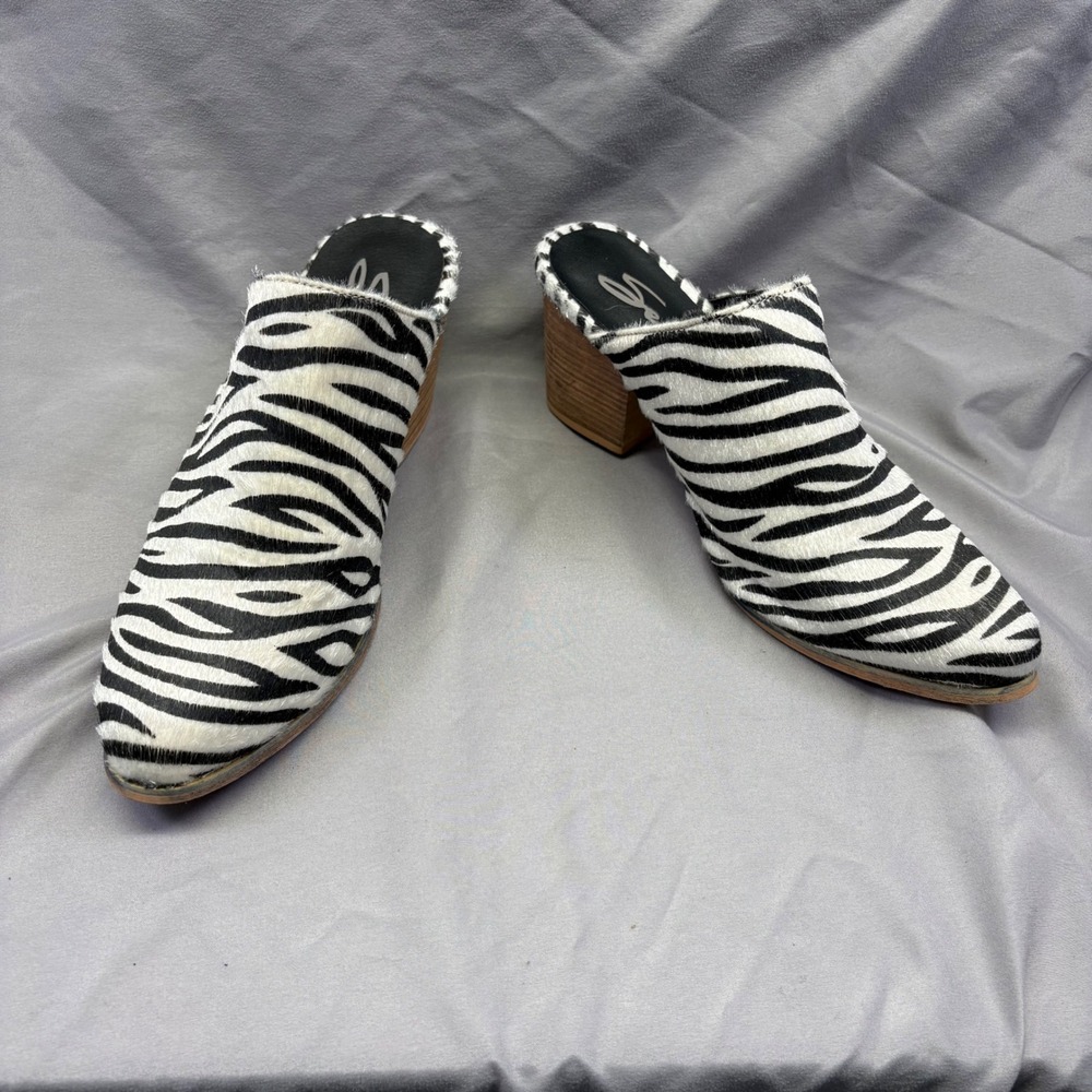 Seven7 Zebra Print Faux Calf Hair Pointed Toe Block Heel Mules Black White Shoes